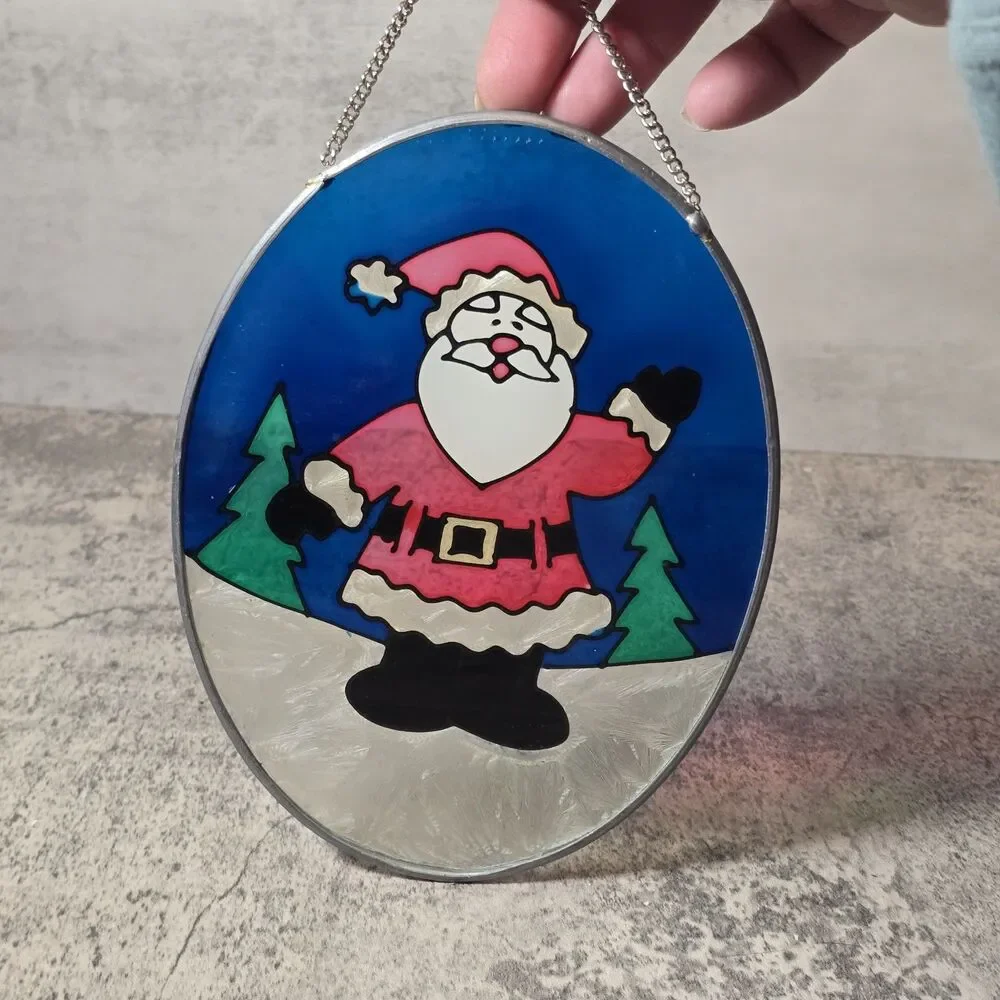 Vtg Santa Claus Stained Glass Hanging Oval Sun Catcher Christmas Decoration 7